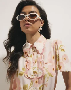 Pink Short Sleeve Scallop Floral Shirt Dress