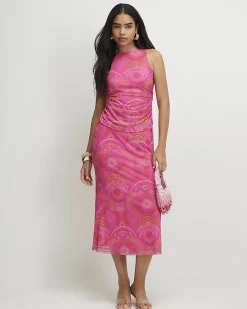 Pink Sleeveless Drape Midi Dress