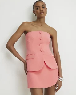 Pink Tailored Button Front Bandeau Top