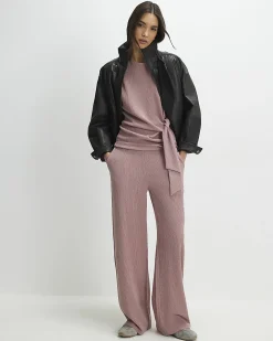 Pink Textured Wide Leg Trousers