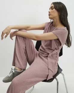 Pink Textured Wide Leg Trousers