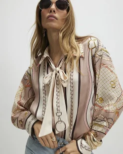 Pink Tie Neck Chain Print Shirt