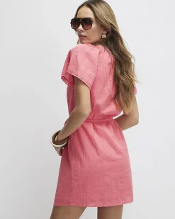 Pink V Neck Short Sleeve Frill Mini Dress