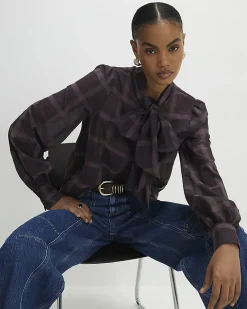 Purple Check Print Pussybow Blouse