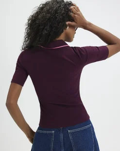 Purple Cotton Blend Ribbed Polo Top