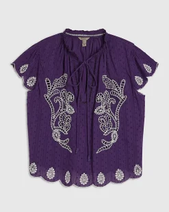 Purple Cotton Broderie Tie Neck Blouse
