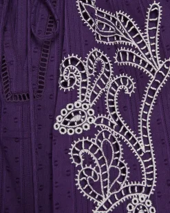 Purple Cotton Broderie Tie Neck Blouse