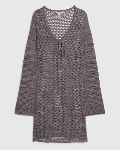 Purple Metallic Long Sleeve Knit Beach Tunic