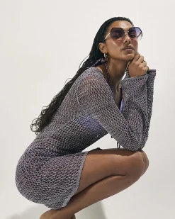 Purple Metallic Long Sleeve Knit Beach Tunic