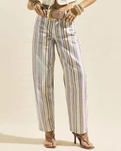 Purple Mid Rise Stripe Barrel Leg Jeans