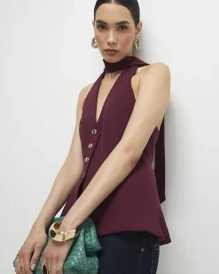 Purple Sleeveless Scarf Neck Waistcoat