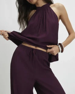 Purple Textured Wide Leg Trousers