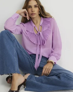 Purple Tie Neck Long Sleeve Blouse
