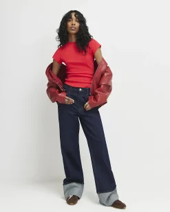 Red Cotton Blend Fitted Ribbed Top