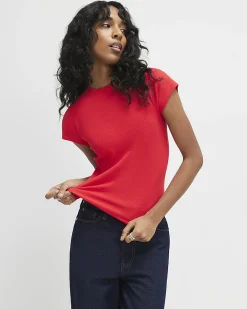Red Cotton Blend Fitted Ribbed Top