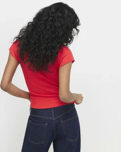 Red Cotton Blend Fitted Ribbed Top
