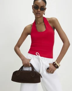 Red Cotton Blend Halter Neck Tank Top