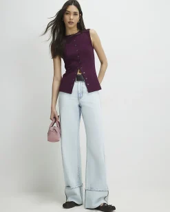 Red Cotton blend Popper Tank Top