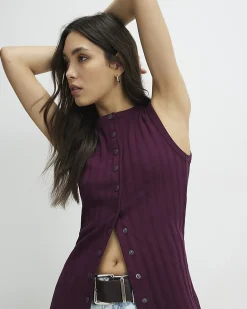Red Cotton blend Popper Tank Top