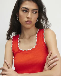 Red Cotton Blend Scallop Trim Tank Top
