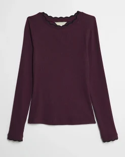 Red Cotton Blend Scallop Trim Top