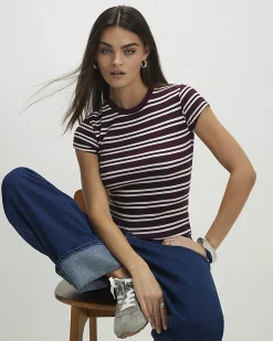 Red Cotton Blend Stripe Fitted Rib T-Shirt