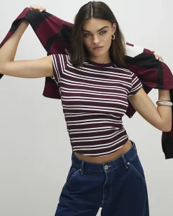 Red Cotton Blend Stripe Fitted Rib T-Shirt
