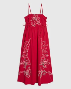 Red Cotton Broderie Tie Side Midi Dress