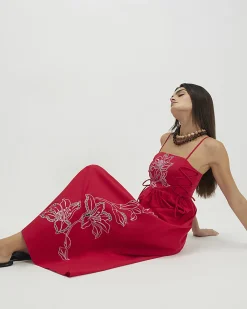 Red Cotton Broderie Tie Side Midi Dress