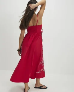 Red Cotton Broderie Tie Side Midi Dress