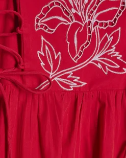 Red Cotton Broderie Tie Side Midi Dress