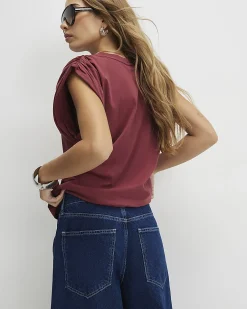 Red Cotton Premium Ruched Shoulder T-shirt