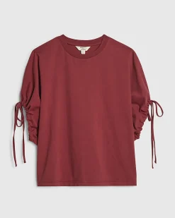 Red Cotton Ruched Sleeve T-Shirt