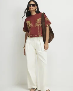 Red Cotton Shell Embroidered Crop T-shirt