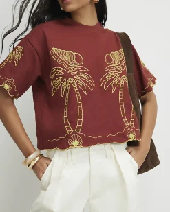 Red Cotton Shell Embroidered Crop T-shirt