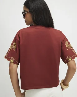 Red Cotton Shell Embroidered Crop T-shirt