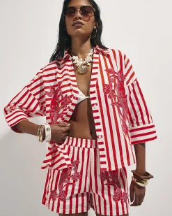 Red Cotton Stripe Beaded Shirt
