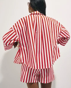 Red Cotton Stripe Beaded Shirt