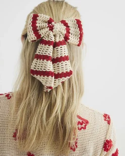 Red Crochet Striped Bow Hair Clip