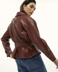 Red Faux Leather Belted Jacket