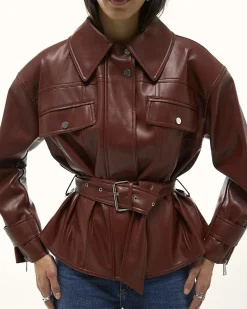 Red Faux Leather Belted Jacket