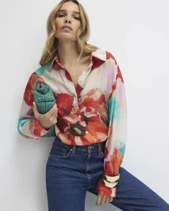 Red Floral Print Long Sleeve Blouse