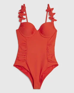 Red Flower Strap Detail Ruched Swimsuit