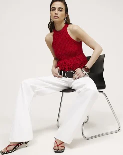 Red Knitted Fringe Trim Vest Top