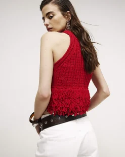 Red Knitted Fringe Trim Vest Top