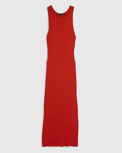 Red Knitted Racer Neck Ribbed Midi Dress