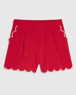 Red Linen Blend Scallop Trim Shorts