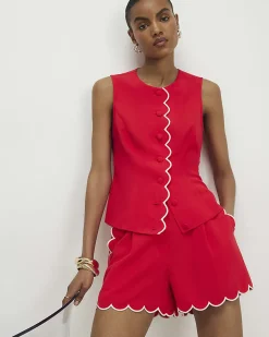Red Linen Blend Scallop Trim Shorts