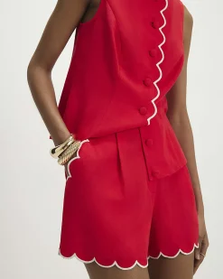 Red Linen Blend Scallop Trim Shorts
