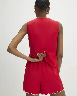 Red Linen Blend Scallop Trim Shorts